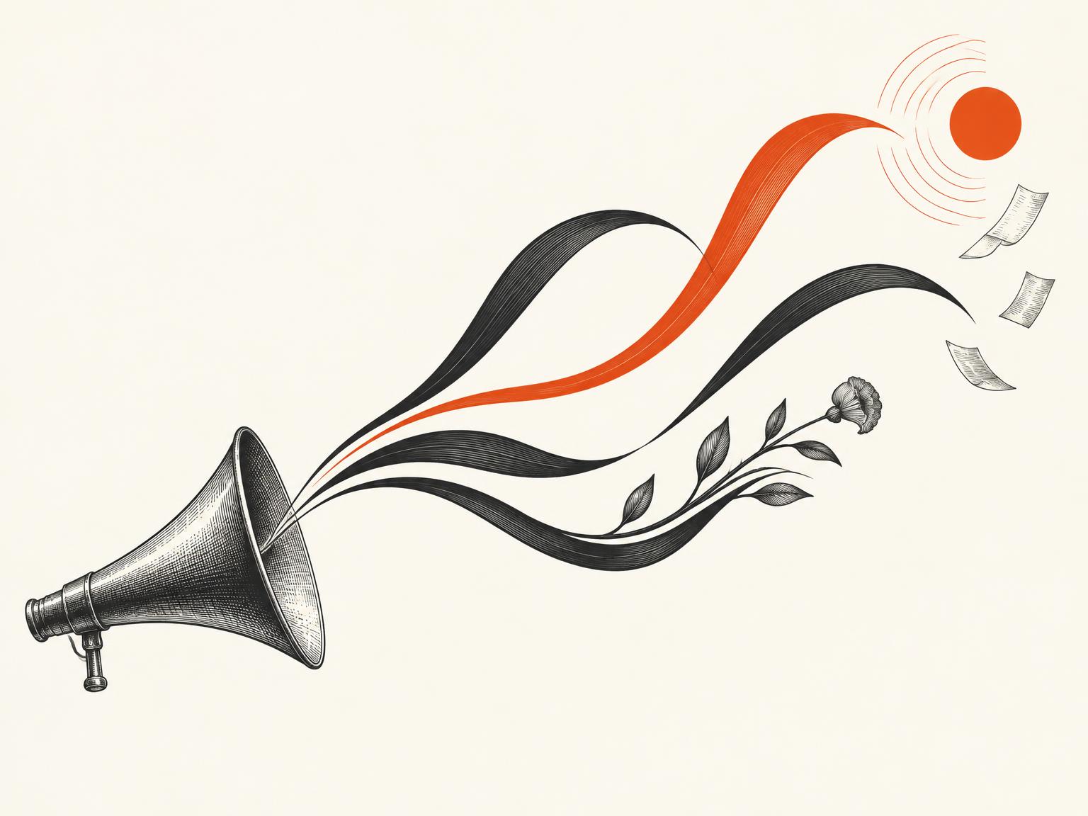 Abstract pen-and-ink illustration of a message spreading through media